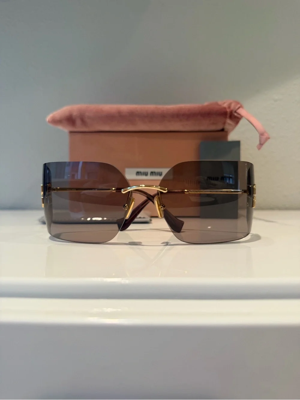 Miu Miu Rimless Shield Sunglasses Miu Miu MU Aube Gold Light Purple Brown
